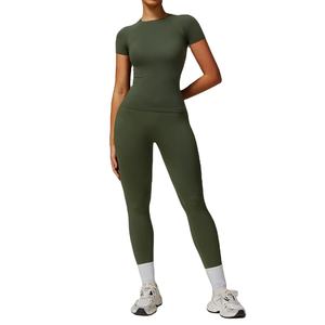 Seamless Solid <b>Yoga</b> Set Women Pink Short Sleeve Top Mid Waist Leggings Two Piece Workout Clothes Sports Fitness Gym Sets - Product Image 5