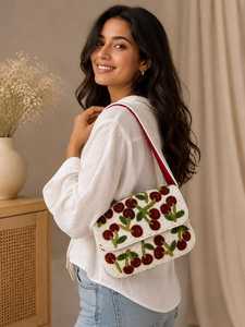 Bolso de mano tejido a mano con cuentas de cangrejo rojo, estilo bohemio, ecológico, ligero, con correa para el hombro y patrón de letras costeras oceánicas. - Product Image 2