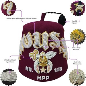 Conjunto de Gorro Fez Masónico Shriner Hecho a Medida (4 Filas como se muestra en la imagen) – Fez de Lana 100% Borgoña Bordado a Mano con Hilos Metálicos - Product Image 5