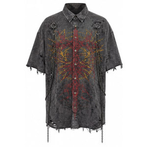 Chemise en jean gris pour homme avec imprimé chaînes rouges et dorées, ourlet déchiré, style punk, manches courtes, chemise décontractée gothique - Product Image 3