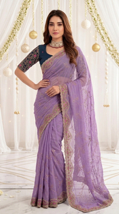 Sari de Georgette Sintético Bordado en Morado de AARA Fashion, Blusa Azul Marino, para Bodas y Ocasiones Especiales, Tradicional, Largo hasta el Suelo, Estilo Indio - Product Image 4