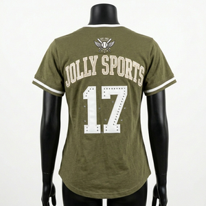 Camiseta de Béisbol para Mujer, Mezcla de Algodón y Poliéster Premium, Verde Oliva y Blanco, Logotipo Bordado Personalizado, Camiseta de Béisbol de Algodón para Mujer - Product Image 4