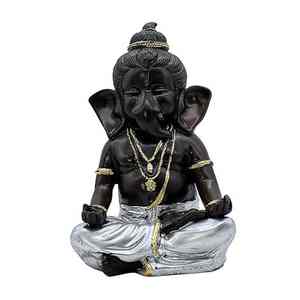 Sculpture élégante de Ganesha assis, finition noire avec accents argentés, art religieux indien artisanal. - Product Image 5