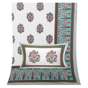 Drap de lit double en coton pur imprimé floral avec housses d'oreiller, bordure turquoise, textile de maison indien - Product Image 2