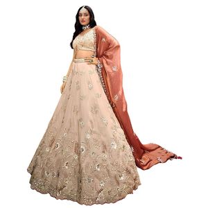 Lehenga Choli de Seda Cosmos para Mujer, con Lentejuelas y Bordado de Hilo, con Dupatta Color Cobre - Product Image 1
