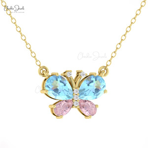 Proveedor Mayorista de Collares con Colgante de Mariposa con Aguamarina en Forma de Pera de 7x5mm y Morganita Rosa, Collar con Diamantes en Oro Fino de 14k - Product Image 1