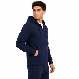 Men's Navy Blue Hooded <b>Zip</b>-<b>Up</b> Sweatshirt & Hoodie Regular Fit Casual French Terry 100% Cotton Autumn Wear - Product Image 4