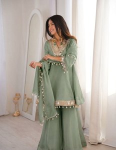 Designer Long Kali Chinon Kurti Set with Paper Mirror Dupatta & Kodi Lace Work - Product Image 3