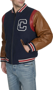 <b>Men's</b> Navy Varsity <b>Jacket</b> With <b>Leather</b> Sleeves Embroidered C Logo Zipper Closure Preppy Style Autumn Wear - Product Image 2