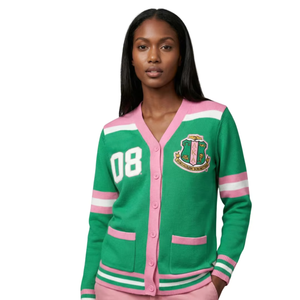 1908 Green Pink <b>Cardigan</b> Women Knit Button <b>Sweater</b> Chenille Embroidery Greek Sorority Apparel Long Sleeve Stylish fit - Product Image 3