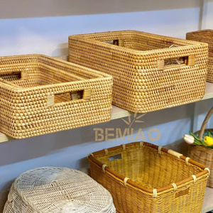 Home Decor Rectangle Rattan Eco-Friendly Storage <b>Basket</b> with 2 Wooden Handles for <b>Shelves</b> - Product Image 5