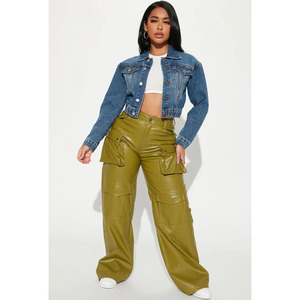 Custom <b>Vintage</b> Washed Denim Jacket S-6XL Plus Women Cropped Blue Denim Coat <b>Button</b> Front OEM Wholesale Factory Direct Supply - Product Image 4