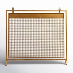Écran de cheminée en métal au design industriel en panneaux grillagés avec protection anti-étincelles robuste, protecteur de foyer autoportant, finition dorée - Product Image 4