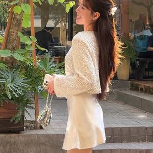 Elegante Conjunto de Chaqueta y Minifalda de Tweed Blanco Sólido para Fiesta y Cita Nocturna, 100% Poliéster Transpirable - Product Image 4