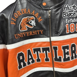 Florida A&M University Rattlers Varsity <b>Jacket</b> Genuine Leather Black Orange White Zipper Front Logo Embroidered HBCU 1887 Long - Product Image 3