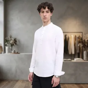 Men's White Mandarin Collar Long Sleeve linen Casual kurta Solid Color Breathable linen Full Sleeve Spring Minimalist Style - Product Image 1
