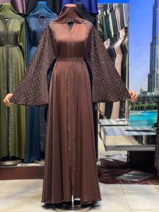 2026 New V Neck Long Sleeve Floor Length Modest Polyester Handmade <b>Flared</b> Hem Abaya Beaded Detail Women's Traditional Muslim - Product Image 1