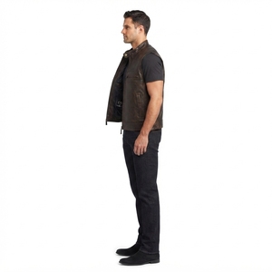 Gilet sans manches pour homme en cuir véritable avec poche zippée - Product Image 3