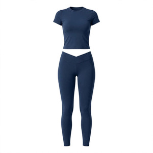 Ensemble de yoga 2 pièces pour femme, couleur unie personnalisable, haut court et legging taille haute longueur complète, sans couture, anti-transpiration, respirant, séchage rapide - Product Image 1