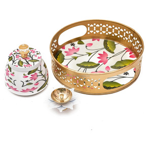 Custom Hand Painted Lotus Pooja Thali Set Gold Cutout Metal Tray Decorative Jar Brass Oil Lamp Diya Bulk - Product Image 4