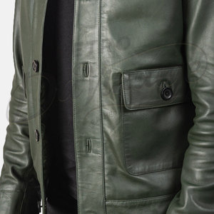 Chaqueta de cuero verde bosque para hombre, estilo militar, con botones, para caza, corte ajustado, de piel de oveja auténtica. - Product Image 6