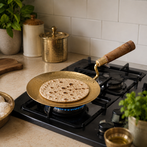 Hammered Brass Frying Pan Wooden Handle Handcrafted Brass Skillet Traditional Indian Cookware Brass Tawa Rustic Kitchen Decor - Product Image 3