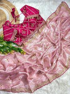 Sari Zimmy de diseñador para fiestas, con bordado de lentejuelas, trabajo de jhal y butti, y blusa de seda con bordado completo. - Product Image 5