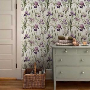 Carta da Parati Floreale Verde/Viola con Iride, Adesiva Vintage Staccabile e Riposizionabile, Decorazione Murale con Fiori Selvatici, Adesivo Murale Acquerello - Product Image 2