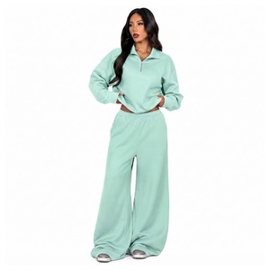 Ensemble de survêtement personnalisé pour femme : pull à quart de zip et pantalon de survêtement assorti, coupe décontractée, tenue confortable pour la détente, anti-UV, 100 % coton - Product Image 1