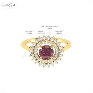 Wholesale Supplier 14k Solid <b>Gold</b> Natural 0.74 Ct Round Cut Rhodolite Garnet <b>Cocktail</b> <b>Ring</b> with Pave Diamond Halo <b>Ring</b> - Product Image 6