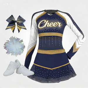 Uniforme de cheerleading pour femmes, bleu marine, or, strass, impression par sublimation, robe sans manches, taille adulte - Product Image 6