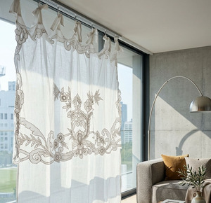 Custom Wholesale Quang Thanh Modern Embroidery Vintage Floral Linen Ribbon Curtain Full Sizes Door <b>Window</b> Home Hotel Blackout - Product Image 2