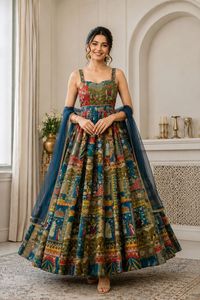 Vestido de organza de seda con estampado digital de diseñador, acolchado, con conjunto de dupatta con encaje de georgette. - Product Image 3