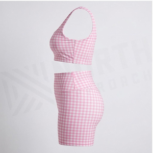 Pink Plaid 2 Piece Casual Sleeveless Sports <b>Set</b> Crop Top High Waist Shorts Breathable Polyester Women's Workout Wear Spring - Product Image 3
