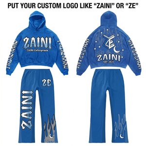 ชุดเซ็ตเสื้อผ้าสตรีทแวร์ผู้ชาย ZAINI สำหรับฤดูหนาว ผ้าฝ้ายฟลีซ 320 GSM สีน้ำเงิน หนานุ่ม ปักลายแบบกำหนดเอง พิมพ์ลายสกรีน พิมพ์ลายพัฟ - Product Image 1