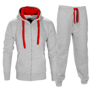 Survêtement décontracté gris chiné pour homme Elite avec accents rouge cramoisi vif, ensemble athlétique deux pièces haut de gamme avec sweat à capuche zippé - Product Image 1