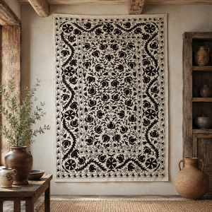 Couvre-lit en coton brodé Suzani de qualité supérieure, crème et noir, motif floral botanique bohème, décoration de chambre artisanale indienne - Product Image 4