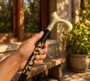 Canne de marche en bois noir sculpté à motifs floraux avec poignée en laiton, canne de gentleman vintage, canne décorative faite à la main, cadeau élégant - Product Image 1