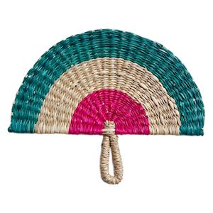 ethnic design dark green beige and <b>pink</b> woven seagrass hand <b>fan</b> artisan made cooling prop for outdoor weddings and summer gather - Product Image 1