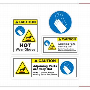 Caution Burn Hazard Stickers Yellow Warning Header Adjoining Parts Very Hot Wear Protective Gloves Blue Circle Mandatory Icons - Product Image 6