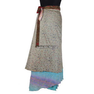 Indian Vintage 2 Layer Magic Hippie Sari Silk <b>Wrap</b> <b>Skirts</b> for Beach Wear 2 Layer Reversible Magic Silk Saris <b>Wrap</b> Long <b>Skirt</b> - Product Image 3