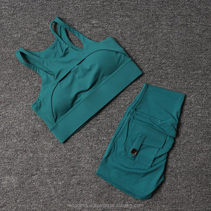 Chándal de mujer, pantalones cortos, conjunto de Yoga, sujetador, mallas de entrenamiento físico, pantalones cortos de gimnasio, traje deportivo con bolsillo, ropa deportiva de cintura alta - Product Image 3