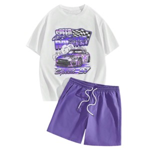 Ensemble 2 pièces pour homme : T-shirt blanc et violet uni, coupe ajustée, col rond, décontracté, été, en coton tricoté respirant, manches courtes et short - Product Image 1