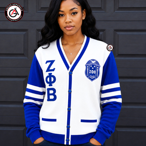 เสื้อคาร์ดิแกนปักลาย Zeta Phi Beta Winter Finer สำหรับผู้หญิง ติดกระดุมอะคริลิก |   ZOB Sorority ชุดปักลายสไตล์วินเทจสำหรับสุภาพสตรี - Product Image 1