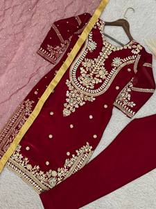 Elegant Deep Maroon Evening Party Wear Choo Silk Embroidered <b>Kurta</b> Trouser Dupatta 3-Piece Set <b>for</b> <b>Women</b> - Product Image 1