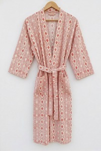 Hand Block Print Cotton Kimono Robe Women Soft Stand Collar Luxury Nightgown All Season Lounge Wear - Product Image 4