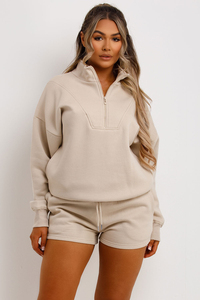 Women Beige Tracksuit Set Half-<b>Zip</b> Sweatshirt Shorts Solid Color Casual Loose Fit Full Sleeve Spring Wear - Product Image 4
