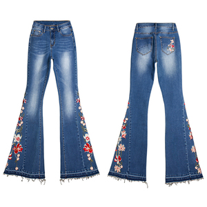 กางเกงยีนส์ขายาวปักลายสีน้ำเงินเอวสูงแฟชั่นลำลองสำหรับผู้หญิง - Product Image 5