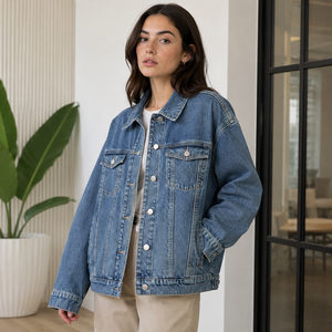 <b>Custom</b> Unisex Washed Blue Cotton <b>Denim</b> Genuine Leather Shell Eco-Friendly Vintage Casual Button Front Spring Streetwear <b>Jacket</b> - Product Image 6
