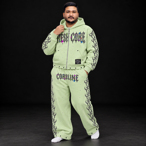 Ensemble de survêtement pour homme avec graphisme personnalisé, en molleton French Terry, à capuche zippée, pantalon large, strass, impression DTF personnalisée, vêtements streetwear - Product Image 1